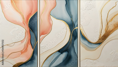 A modern abstract triptych wall art featuring fluid watercolor washes in soft peach, dusty blue, and warm gold.