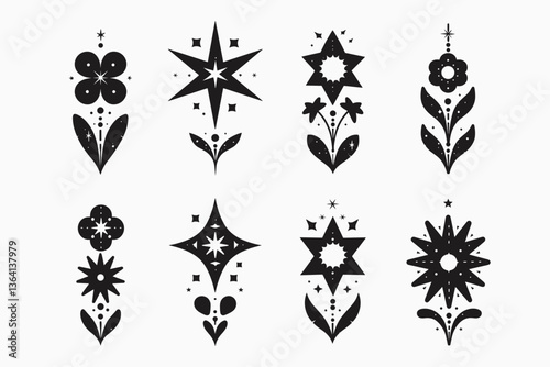 Mystical Floral Emblems: Elegant, high-contrast illustrations showcase a collection of stylized floral designs and star motifs, perfect for adding a touch of enchantment to any creative project.