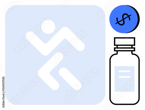 Blue running figure adjacent to a medical bottle and dollar symbol. Ideal for healthcare expense, wellness, fitness, pharmaceutical costs, economic impact, medical spending, health investment
