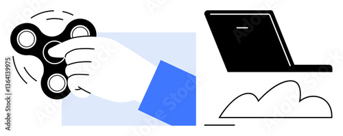 Hand spinning a black fidget spinner, black laptop, and cloud outline nearby. Ideal for productivity, focus, stress relief, technology balance, digital workflow, mindfulness flat simple metaphor
