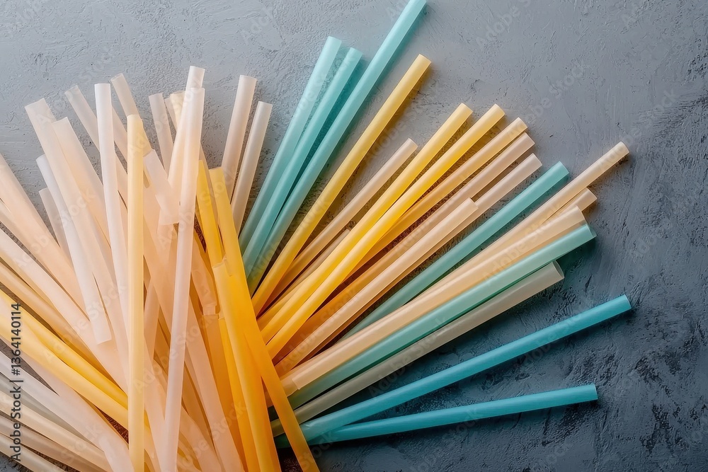 Obraz premium A colorful assortment of plastic drinking straws scattered on a textured gray surface, showcasing various lengths and shades.