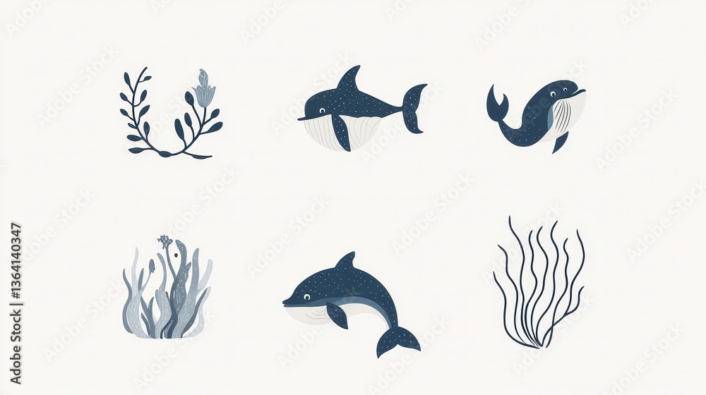 Obraz premium Cute Whale Dolphin Seaweed Ocean Clipart.
