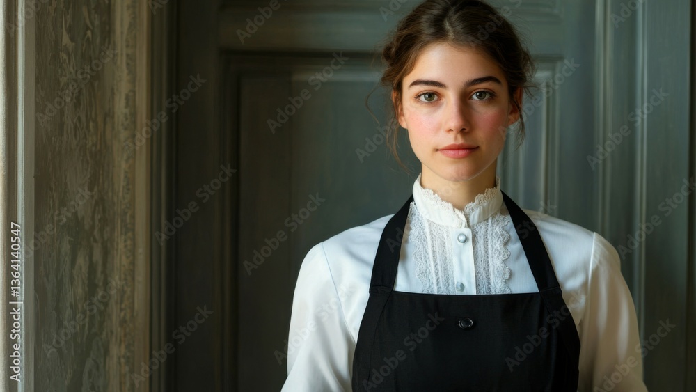 Indoor Portrait of a Young Waitress in Black Apron Holding a Tray Near Gray Wall