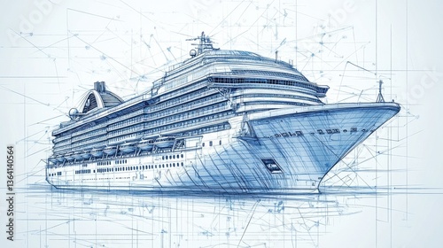 Detailed Monochrome Cruise Ship Sketch and Technical Blueprint