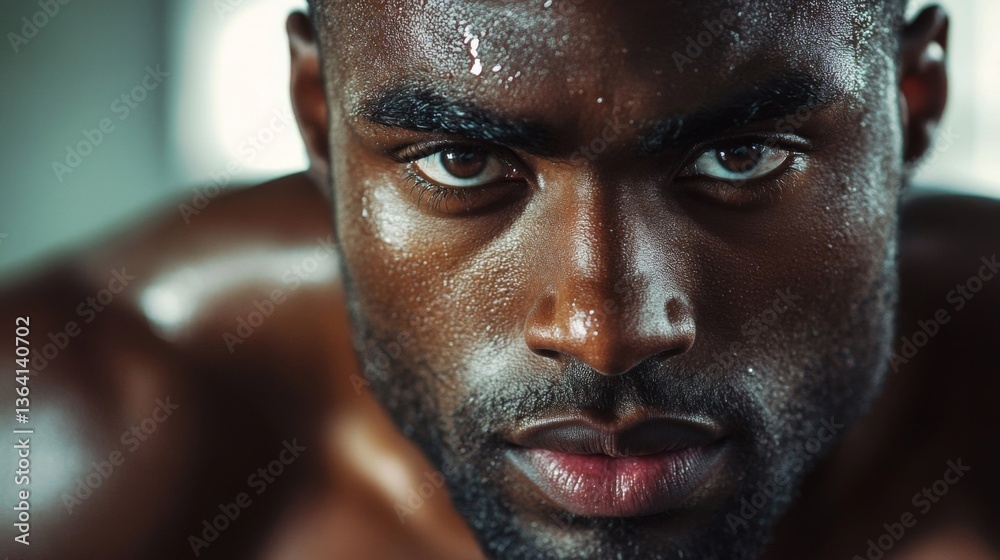 Intense Close Up Portrait of Sweaty Muscular Man in Gym With Dramatic Lighting