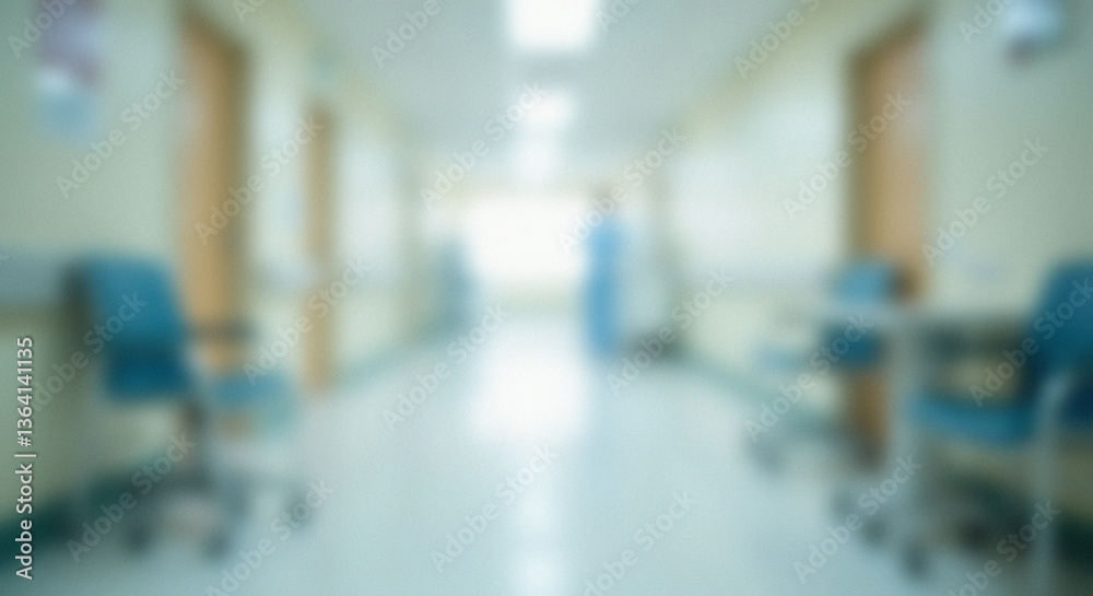 Fototapeta premium Blurred hospital corridor, doctor walking, waiting chairs, medical background, website use