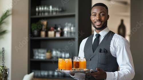 Obraz na płótnie Man Holding Silver Tray with Assorted Drinks in Restaurant Setting with Shelf w salonie