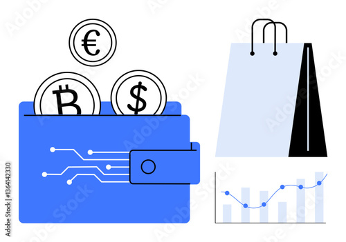 Wallet with Bitcoin, Euro, Dollar coins, electronic circuits, shopping bag, and ascending chart. Ideal for e-commerce, cryptocurrency, finance budget planning fintech investment and technology