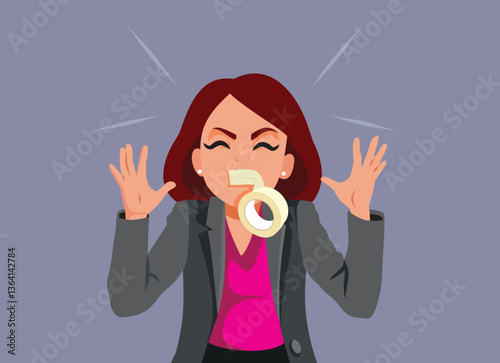 Business Woman Silenced with Adhesive Tape Vector Concept Illustration. Manager forced to keep the corporate secrets feeling frustrated 
