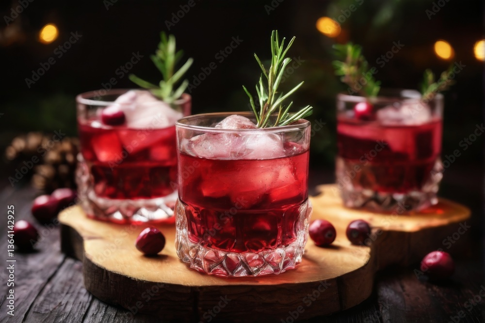 Festive and Cozy Red Drink with Ice Cubes, Rosemary Garnish on Wooden Tray Holiday Vibes Festive and Cozy Red Drink with Ice Cubes, Rosemary Garnish on Wooden Tray Holiday Vibes