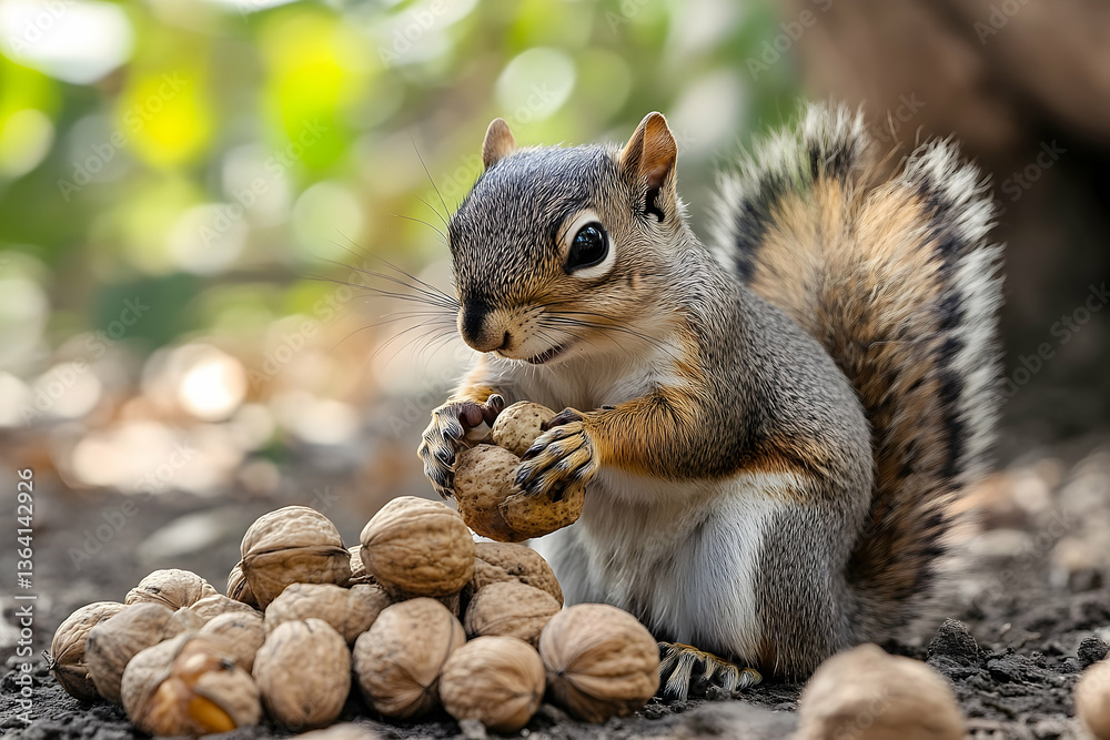 Fototapeta premium Captivating squirrel amidst a bountiful harvest of walnuts in natural lighting
