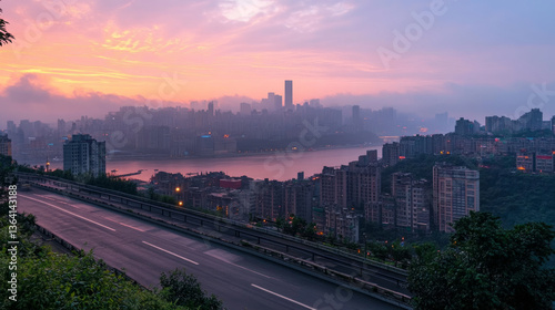 A beautiful morning city skyline featuring modern skyscrapers and buildings that reflect the first light of day. AI generative