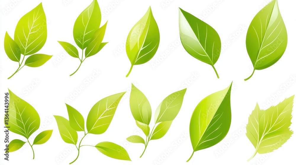 A vibrant vector illustration featuring an assortment of lush green leaves in various shapes and sizes, perfect for nature-themed designs, backgrounds, or eco-friendly projects. A vibrant vector illustration featuring an assortment of lush green leaves in various shapes and sizes, perfect for nature-themed designs, backgrounds, or eco-friendly projects.