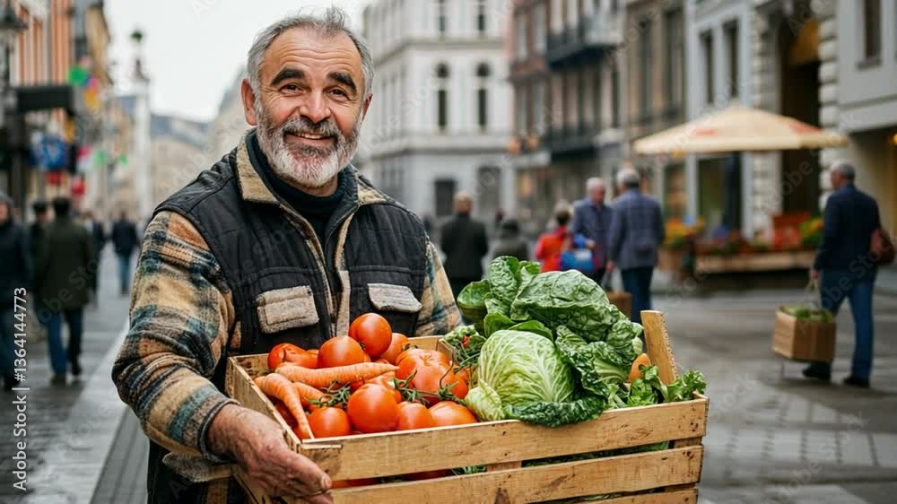 Smiling Farmer: A warm-hearted farmer proudly displays his fresh produce in a bustling city market, epitomizing the spirit of local commerce. Capture the charm of the friendly farmer.