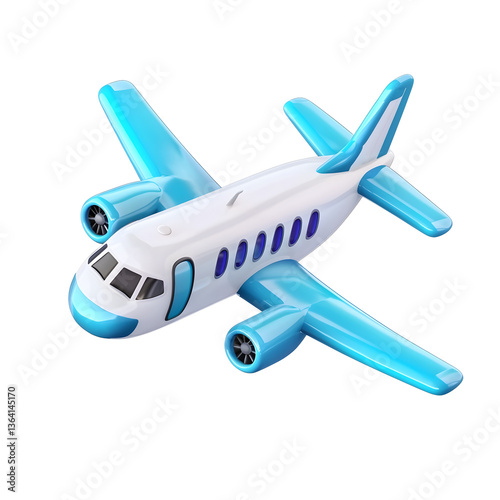 Stylized 3D rendering of a modern compact cartoon airplane icon featuring a sleek white fuselage vibrant blue portholes and wings and a polished minimalist surface presented in a clean