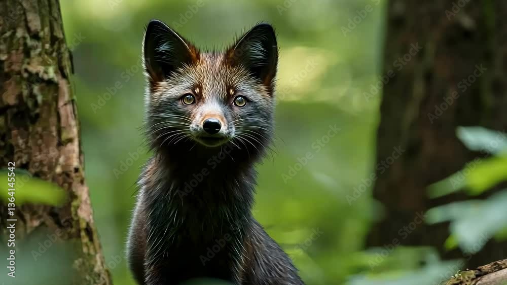 High-quality image of a sable with sleek fur and an alert expression, surrounded by dense trees, leaves, and a natural woodland environment, capturing the essence of wild beauty.