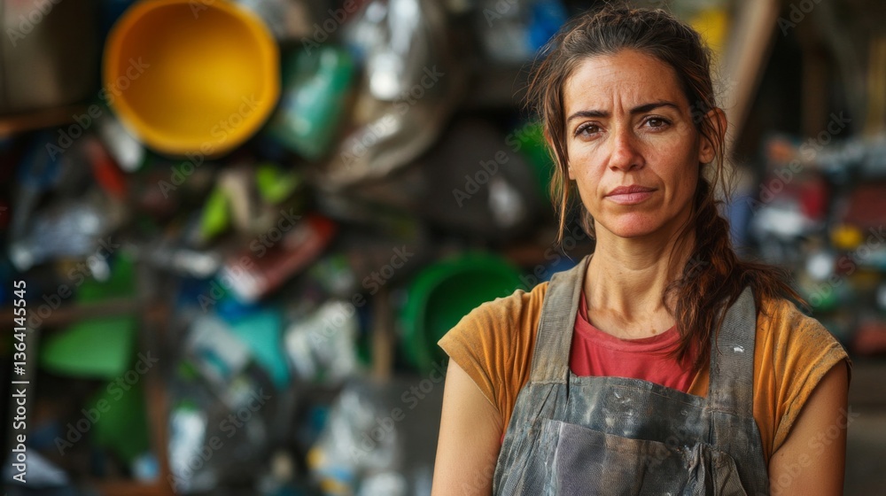 Portrait of a Woman in Apron Surrounded by Plastic Waste Material for Recycling