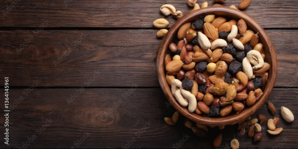 Rustic wooden bowl with assorted nuts and dried fruits on dark surface, top view.