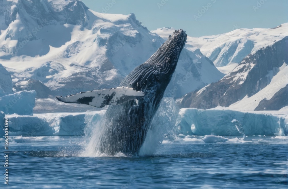 Fototapeta premium Humpback Whale Breaching in Arctic Waters: Majestic wildlife scene with icebergs, snowcovered mountains, and clear blue sky.