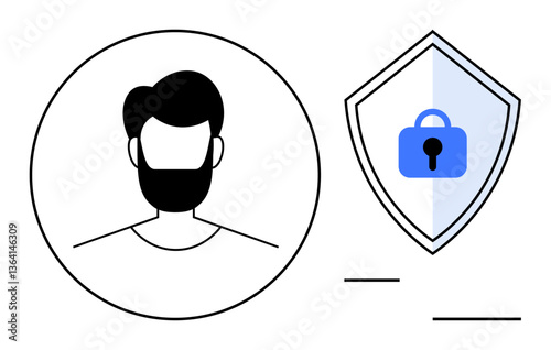 Profile avatar beside a shield with lock icon. Ideal for privacy protection, data security, cybersecurity, online identity, secure login, verified user authentication. Abstract line flat metaphor