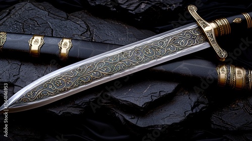 A splendidly adorned Sikh ceremonial sword, showcasing intricate craftsmanship and cultural significance. HD 8K wallpaper Photographic Image