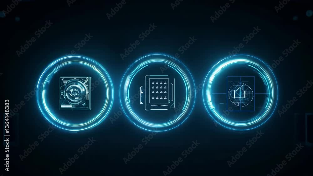 Futuristic rotating interface with glowing blue and cyan circles, indicating advanced technology Futuristic rotating interface with glowing blue and cyan circles, indicating advanced technology