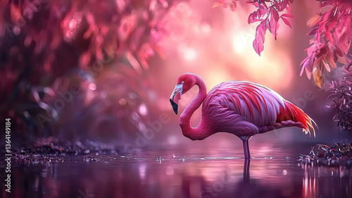 vibrant flamingo stands in serene pink hued water photo
