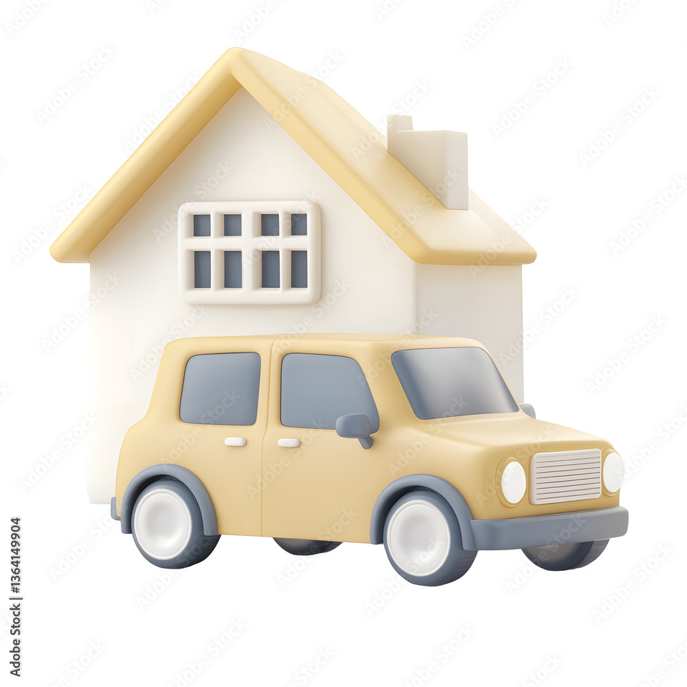 Obraz premium A modern minimalist 3D rendering of a charming residential home with a small yellow vehicle parked in the driveway showcasing an elegant and structured design