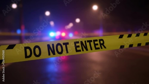 Police Barricade Warning Tape with Blurred Police Car Lights: Seamless Loop 3D Animation with Alpha Matte for Enhanced Visual Impact