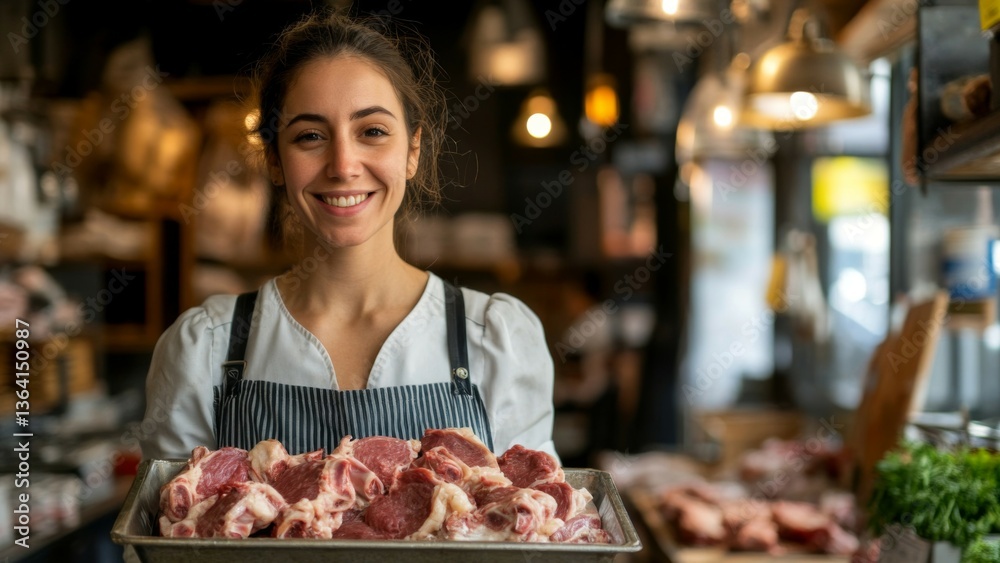 Fototapeta premium Smiling Woman Holding Tray of Raw Fresh Meat Cuts in a Brightly Lit Market