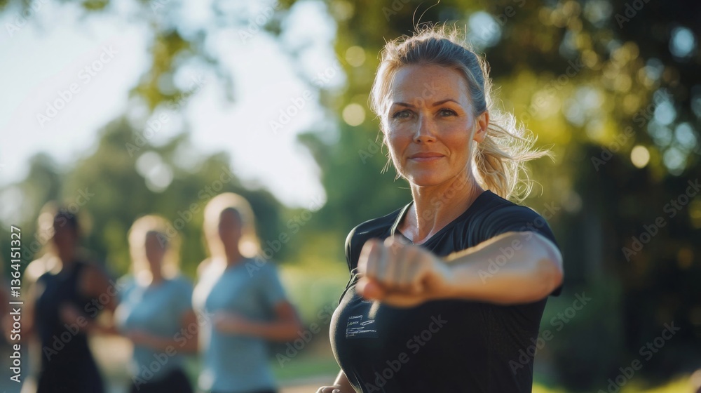 Smiling Woman in Black Sportswear Leads Group Fitness Class in Sunny Park