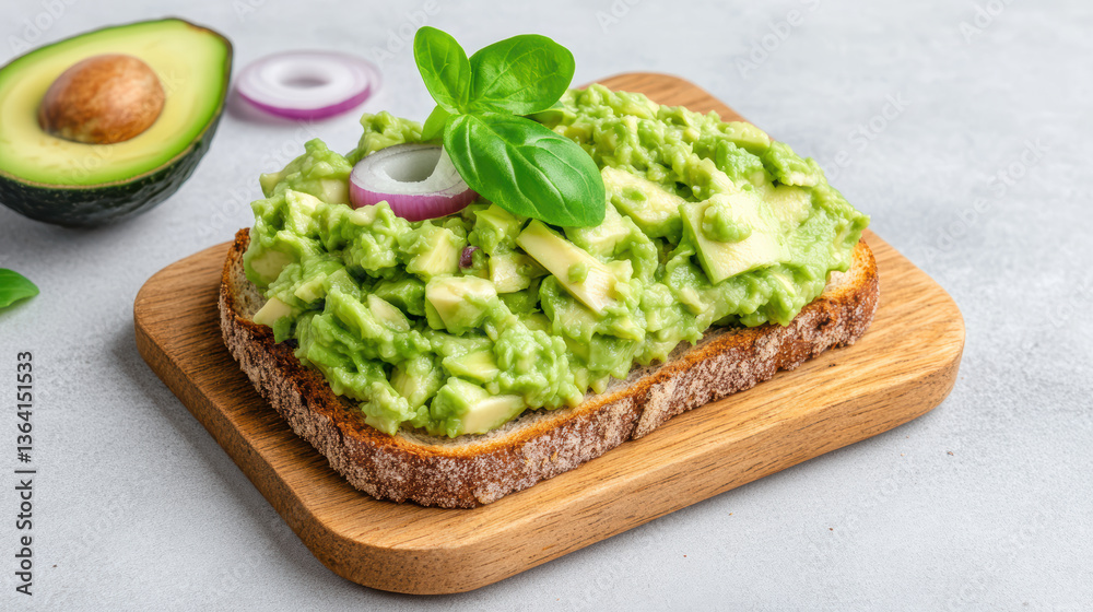 Creamy avocado toast topped with fresh herbs and onions wooden board. Perfect for healthy snack Creamy avocado toast topped with fresh herbs and onions wooden board. Perfect for healthy snack