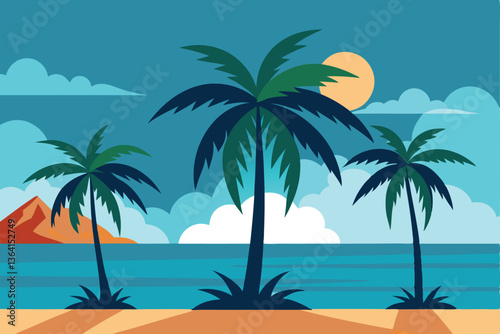 Tropical Paradise: A scenic landscape of a tropical paradise featuring palm trees and ocean, evokes feelings of serenity and relaxation.||palm trees, beach, ocean, tropical, paradise, summer, nature.