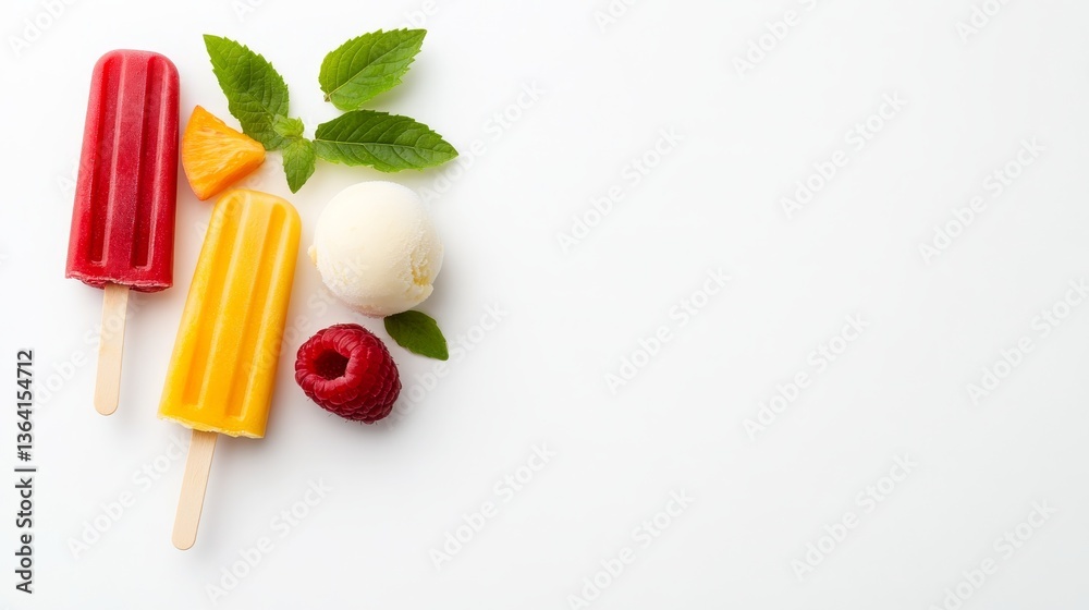 Colorful ice pops and ice cream with fresh fruit accents Colorful ice pops and ice cream with fresh fruit accents