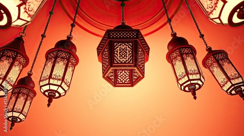 Ornate arabic lanterns hanging from chains create a festive atmosphere