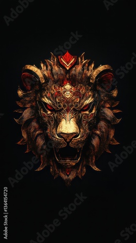 Traditional lion masks in bold red and gold turn slowly against a pitch-black field. Vertical.