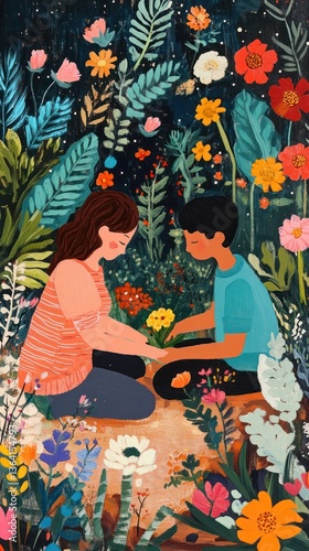 A young couple plants bright flowers in a cozy, sunlit backyard garden. Vertical.