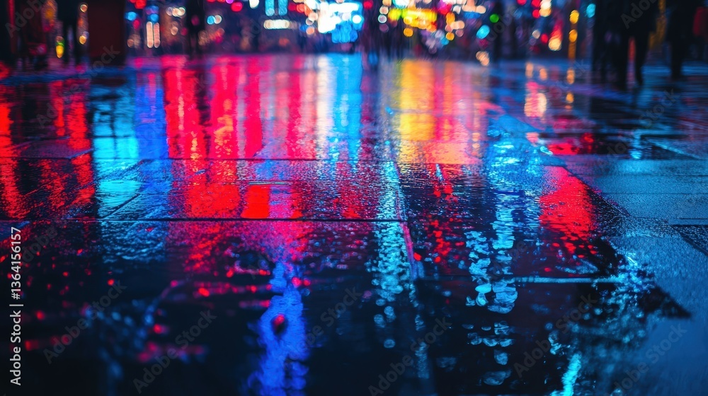 Naklejka premium Rainy night cityscape reflections urban streets night photography vibrant colors low angle mood