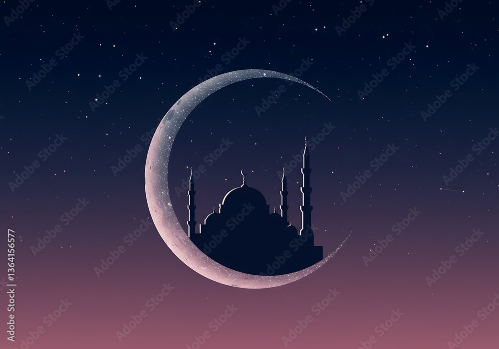 Naklejka premium Mosque Silhouette with Crescent Moon and Starry Sky at Night