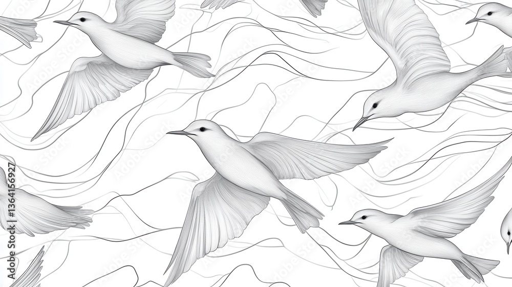 Flying Birds Seamless Pattern with Elegant Design, and White Birds. Flying Birds Seamless Pattern with Elegant Design, and White Birds.