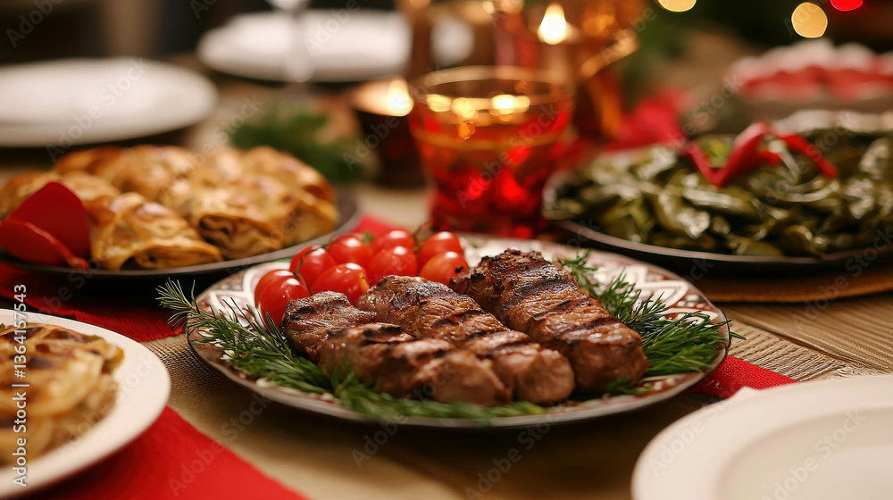 Festive Dinner Table Setting with Grilled Meat Decorations and Colorful Side Dishes Festive Dinner Table Setting with Grilled Meat Decorations and Colorful Side Dishes
