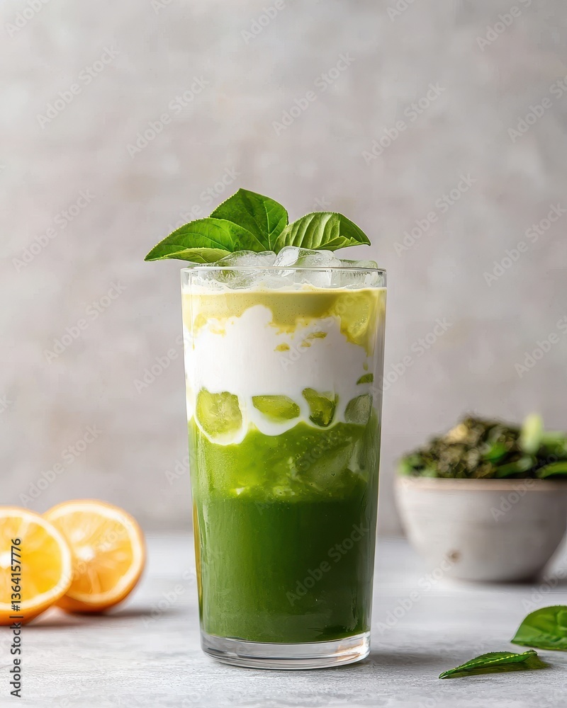 Fototapeta premium A refreshing layered green drink with ice, topped with creamy foam and garnished with fresh basil leaves, accompanied by citrus fruits.