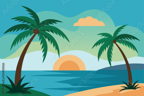 Tropical Sunset: Tropical illustration features a serene sunset over the ocean with palm trees, offering a vivid visual of a tropical paradise.