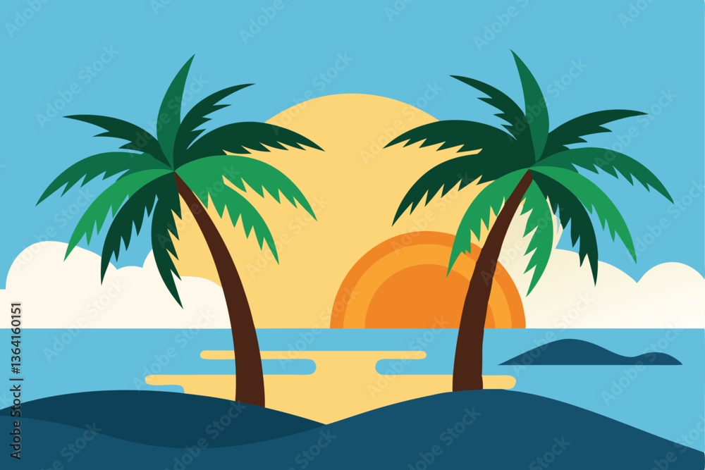 Fototapeta premium Tropical Paradise: A vibrant illustration capturing a serene tropical scene, featuring two palm trees silhouetted against a stunning sunset over the ocean, evoking a sense of peace and exotic beauty.