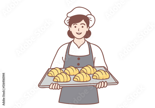 Woman baker holds tray of croissants preparing fresh pastries for sale. Hand drawn style vector design illustrations.