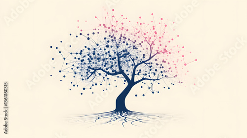 A visual representation of a decision tree algorithm in machine learning, with branching paths and data points.