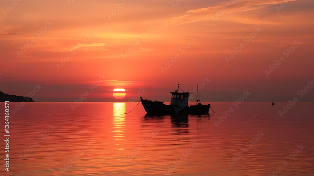 Serene Sunset Silhouette of a Moored Boat on Tranquil Waters with Room for Text Overlay Serene Sunset Silhouette of a Moored Boat on Tranquil Waters with Room for Text Overlay