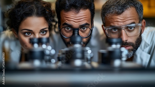 Three Scientists Deeply Observing Equipment in a Laboratory Setting