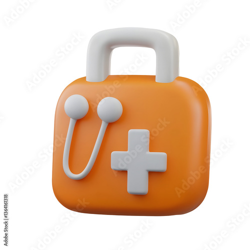 A sleek and simplified 3D icon representing a compact medical emergency first aid kit with a prominent cross symbol for healthcare patient care and rapid response