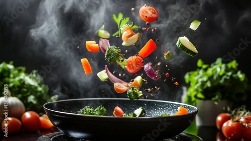 A pan of vegetables is being cooked with steam rising
